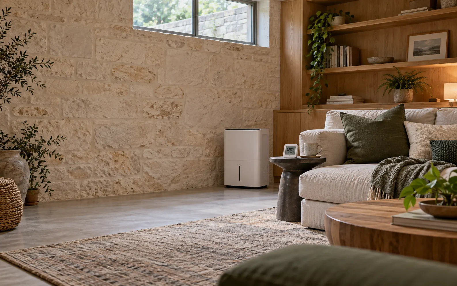 Comfortable basement room with a portable dehumidifier and hygrometer